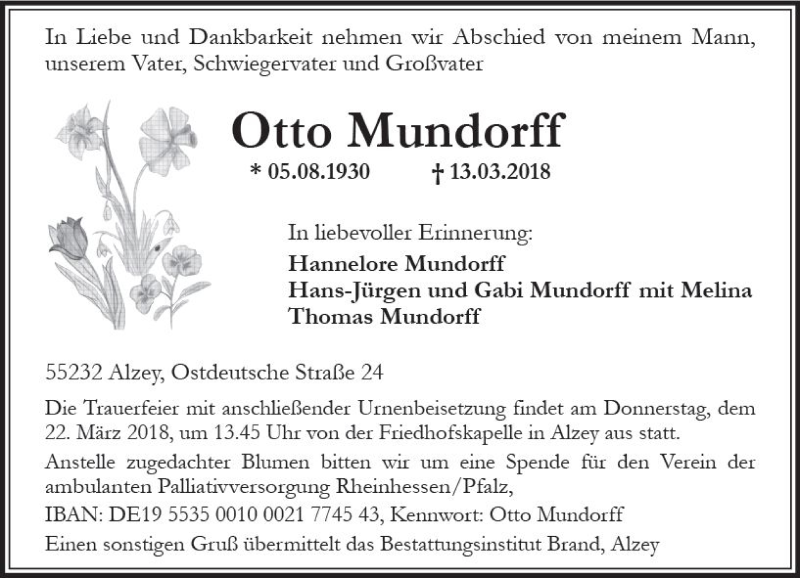  Traueranzeige für Otto Mundorff vom 17.03.2018 aus Trauerportal Rhein Main Presse