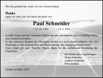 Traueranzeige von Paul Schneider von  Gießener Anzeiger