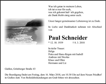 Traueranzeige von Paul Schneider von  Gießener Anzeiger