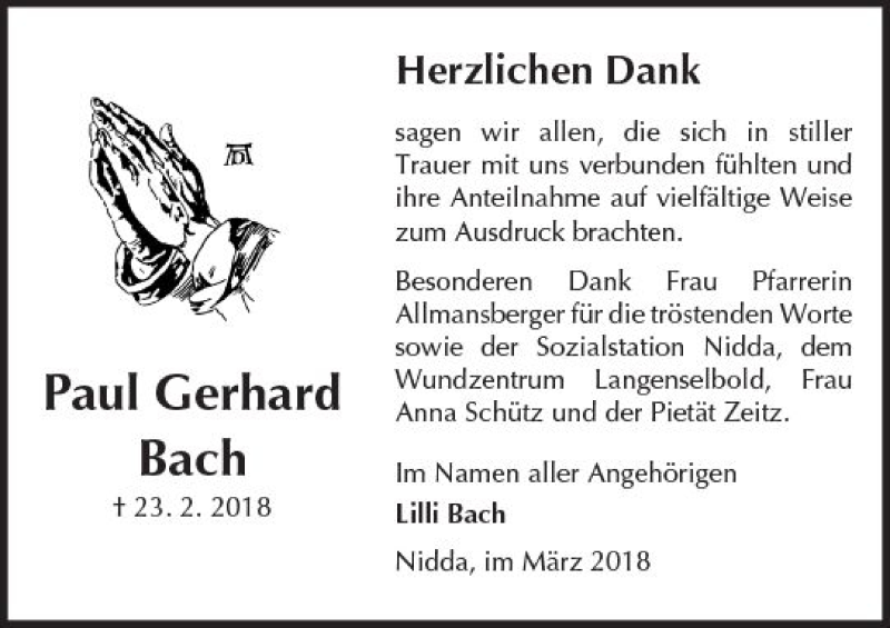  Traueranzeige für Paul Gerhard Bach vom 31.03.2018 aus  Kreisanzeiger
