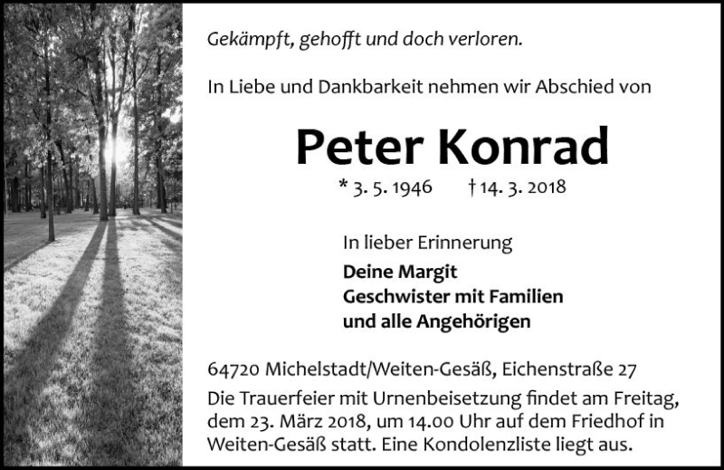  Traueranzeige für Peter Konrad vom 17.03.2018 aus Trauerportal Rhein Main Presse