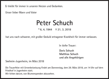 Traueranzeige von Peter Schuch von Trauerportal Rhein Main Presse