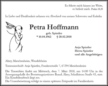 Traueranzeige von Petra Hoffmann von Trauerportal Rhein Main Presse