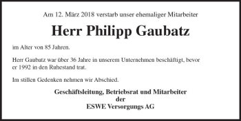Traueranzeige von Philipp Gaubatz von Trauerportal Rhein Main Presse