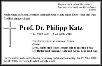 Traueranzeige von Philipp Katz von  Gießener Anzeiger