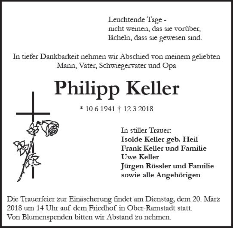  Traueranzeige für Philipp Keller vom 17.03.2018 aus Trauerportal Rhein Main Presse