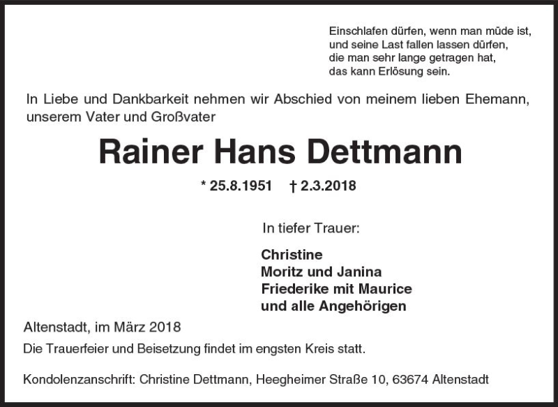  Traueranzeige für Rainer Hans Dettmann vom 17.03.2018 aus  Kreisanzeiger