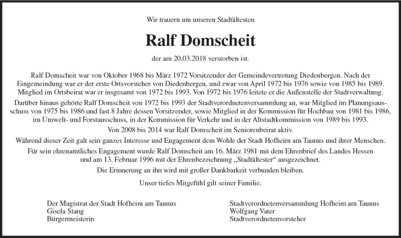  Traueranzeige für Ralf Domscheit vom 27.03.2018 aus Trauerportal Rhein Main Presse