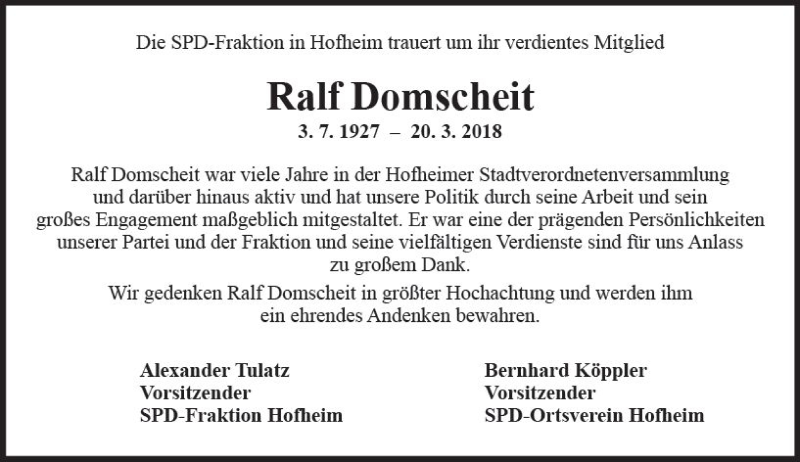  Traueranzeige für Ralf Domscheit vom 23.03.2018 aus Trauerportal Rhein Main Presse