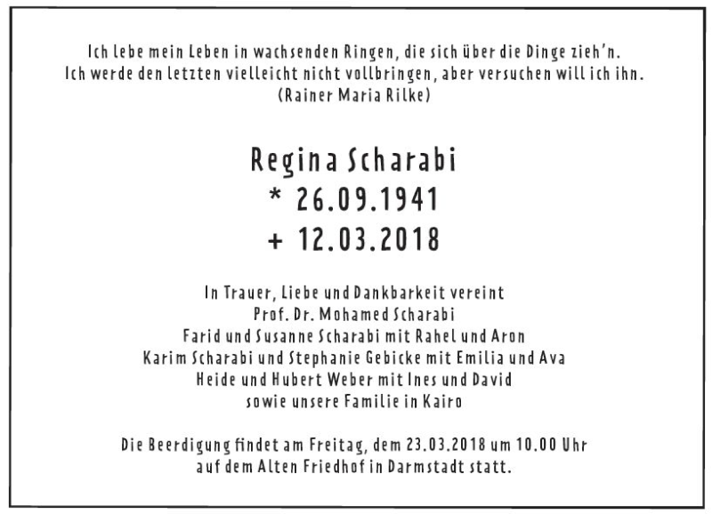  Traueranzeige für Regina Scharabi vom 17.03.2018 aus Trauerportal Rhein Main Presse