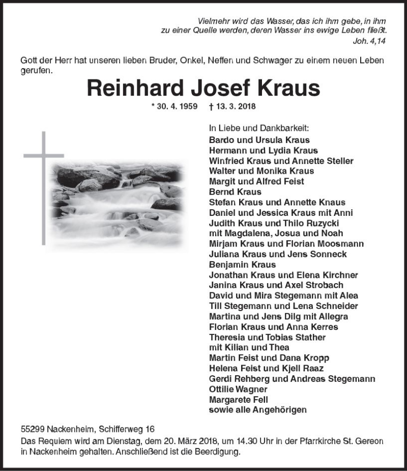  Traueranzeige für Reinhard Josef Kraus vom 17.03.2018 aus Trauerportal Rhein Main Presse