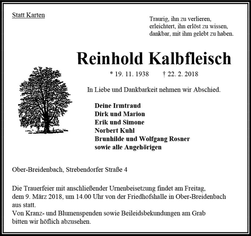  Traueranzeige für Reinhold Kalbfleisch vom 06.03.2018 aus VRM Trauer