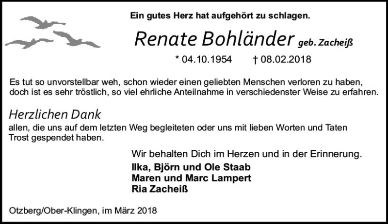  Traueranzeige für Renate Bohländer vom 24.03.2018 aus Trauerportal Rhein Main Presse