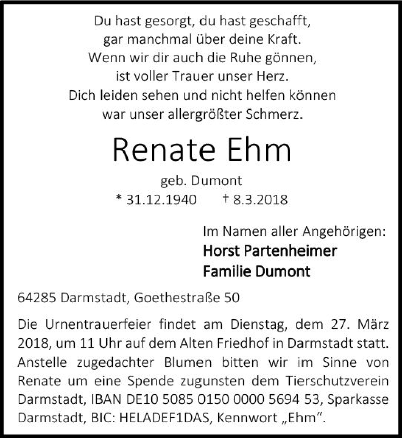  Traueranzeige für Renate Ehm vom 17.03.2018 aus Trauerportal Rhein Main Presse