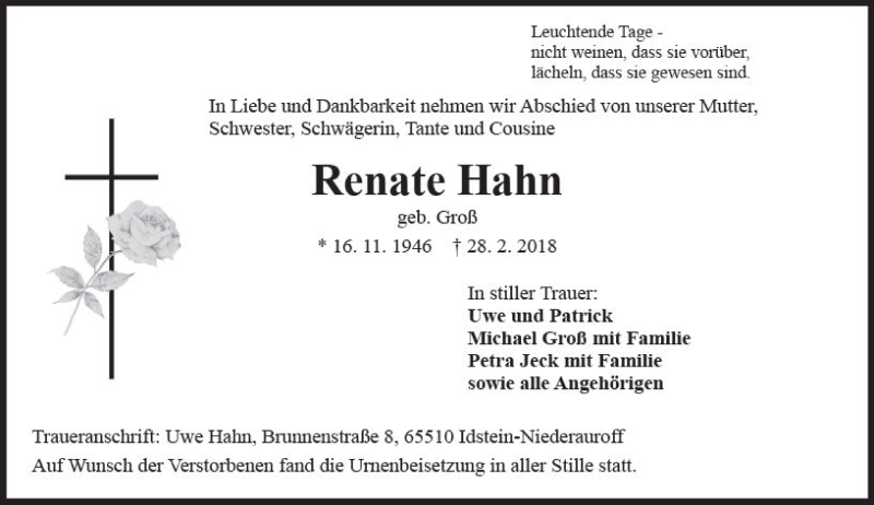  Traueranzeige für Renate Hahn vom 17.03.2018 aus Trauerportal Rhein Main Presse