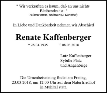 Traueranzeige von Renate Kaffenberger von Trauerportal Rhein Main Presse