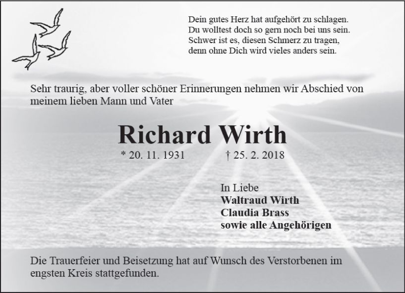  Traueranzeige für Richard Wirth vom 10.03.2018 aus Trauerportal Rhein Main Presse