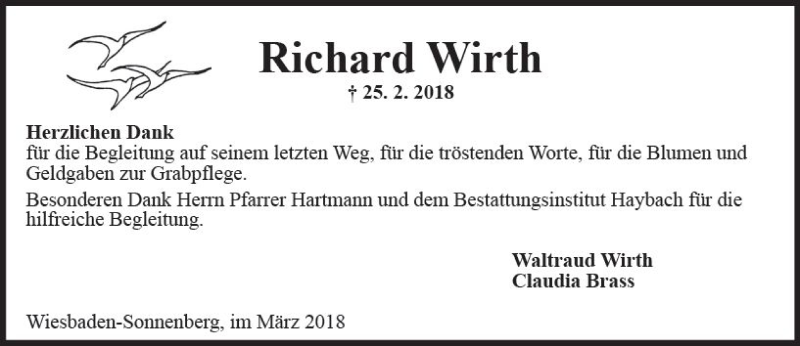  Traueranzeige für Richard Wirth vom 24.03.2018 aus Trauerportal Rhein Main Presse