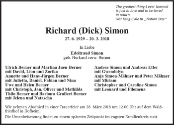 Traueranzeige von Richard Dick Simon von Trauerportal Rhein Main Presse