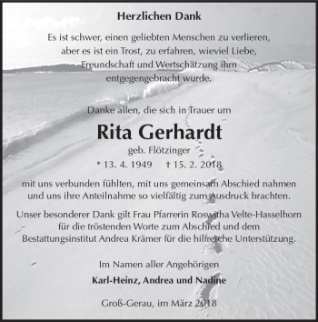 Traueranzeige von Rita Gerhardt von Trauerportal Rhein Main Presse
