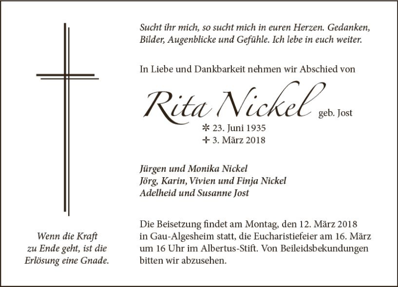  Traueranzeige für Rita Nickel vom 07.03.2018 aus Trauerportal Rhein Main Presse