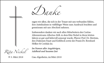 Traueranzeige von Rita Nickel von Trauerportal Rhein Main Presse