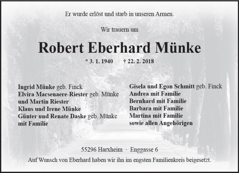  Traueranzeige für Robert Eberhard Münke vom 17.03.2018 aus Trauerportal Rhein Main Presse