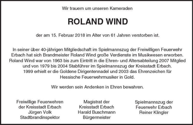  Traueranzeige für Roland Wind vom 09.03.2018 aus Trauerportal Rhein Main Presse