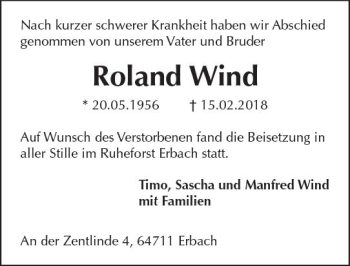 Traueranzeige von Roland Wind von Trauerportal Rhein Main Presse