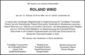 Traueranzeige von Roland Wind von Trauerportal Rhein Main Presse