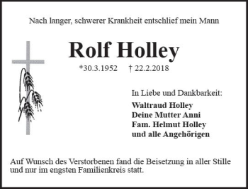 Traueranzeige von Rolf Holley von Trauerportal Rhein Main Presse