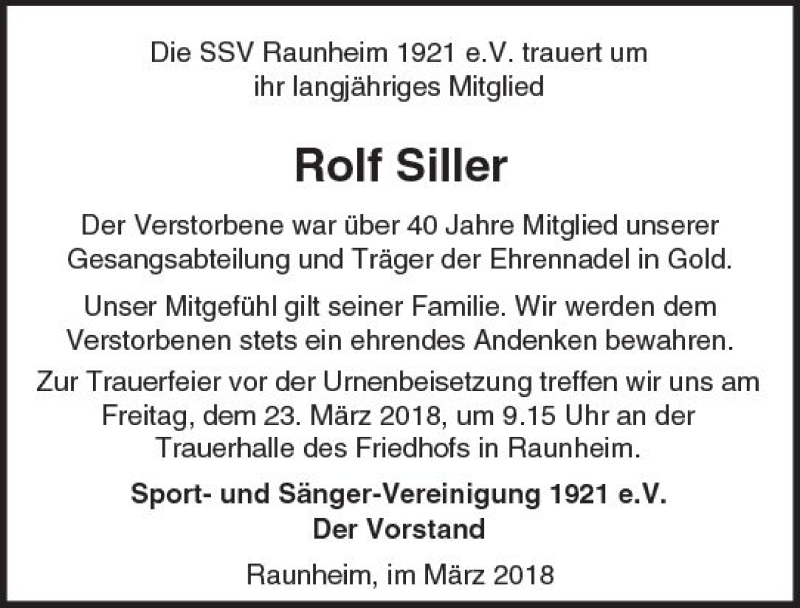  Traueranzeige für Rolf Silier vom 21.03.2018 aus Trauerportal Rhein Main Presse
