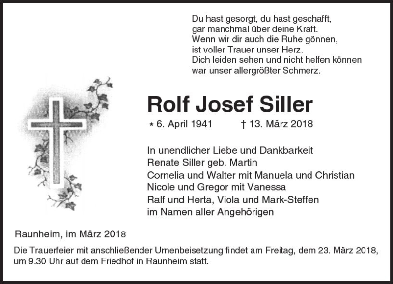  Traueranzeige für Rolf Josef Silier vom 17.03.2018 aus Trauerportal Rhein Main Presse