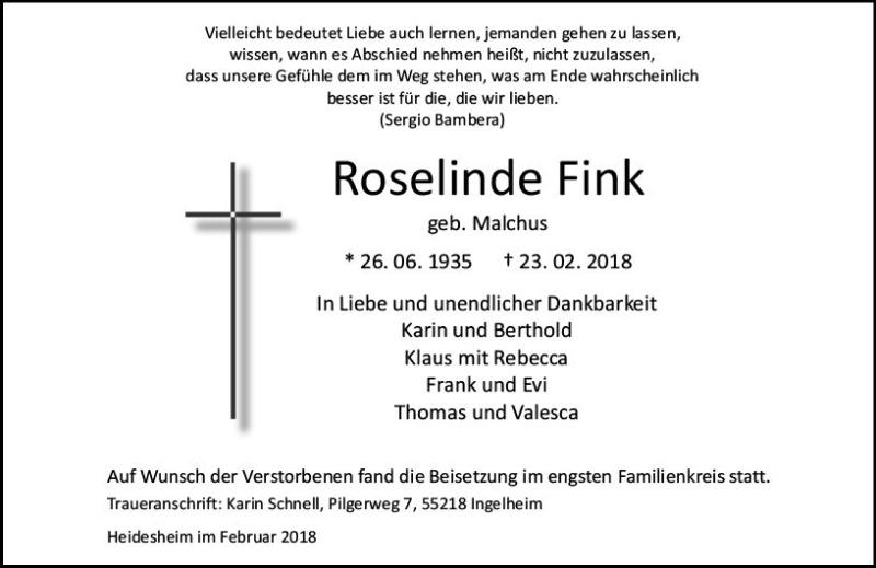  Traueranzeige für Roselinde Fink vom 03.03.2018 aus Trauerportal Rhein Main Presse