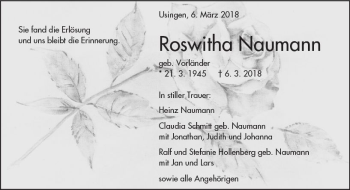 Traueranzeige von Roswitha Naumann von  Usinger Anzeiger