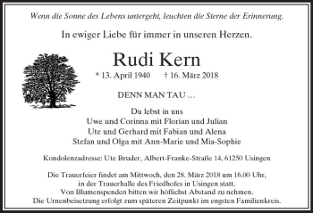 Traueranzeige von Rudi Kern von  Usinger Anzeiger