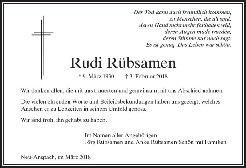  Traueranzeige für Rudi Rübsamen vom 10.03.2018 aus  Usinger Anzeiger