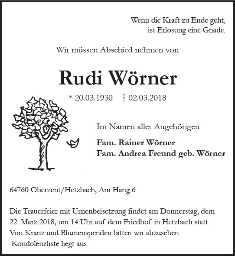  Traueranzeige für Rudi Wörner vom 19.03.2018 aus Trauerportal Rhein Main Presse