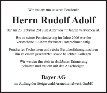 Traueranzeige von Rudolf Adolf von Trauerportal Rhein Main Presse