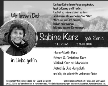 Traueranzeige von Sabine Kerz von Trauerportal Rhein Main Presse