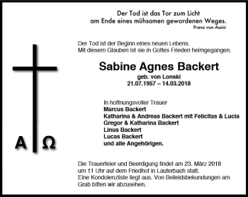 Traueranzeige von Sabine Agnes Backert von VRM Trauer