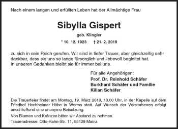 Traueranzeige von Sibylla Gispert von Trauerportal Rhein Main Presse