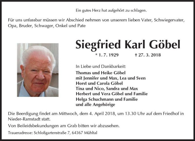  Traueranzeige für Siegfried Karl Göbel vom 31.03.2018 aus Trauerportal Rhein Main Presse
