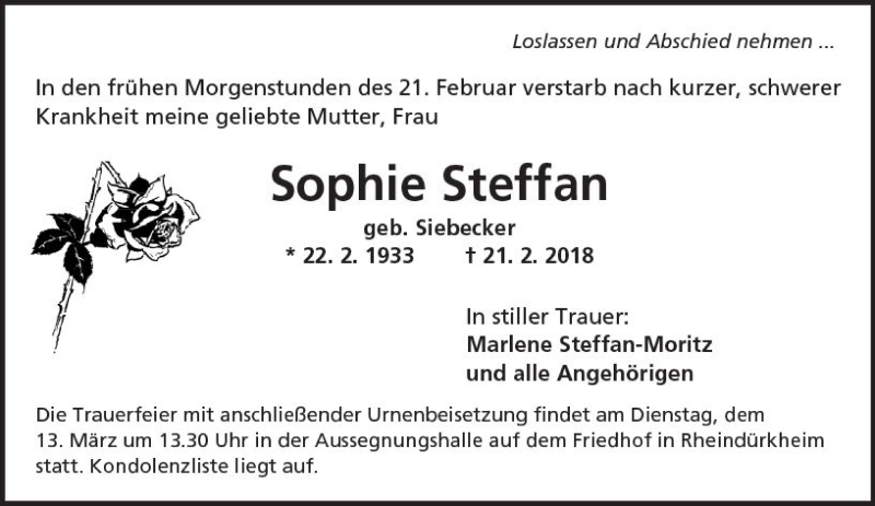  Traueranzeige für Sophie Steffan vom 08.03.2018 aus Trauerportal Rhein Main Presse