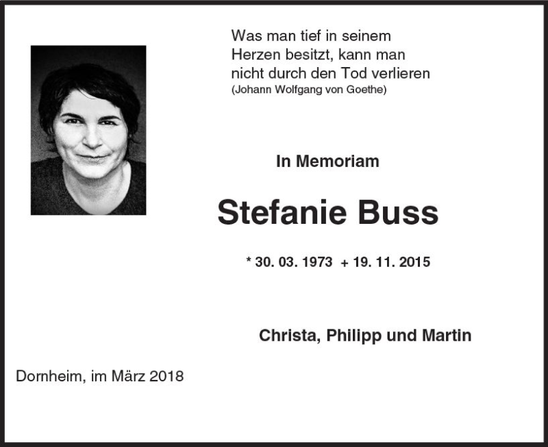  Traueranzeige für Stefanie Buss vom 29.03.2018 aus Trauerportal Rhein Main Presse