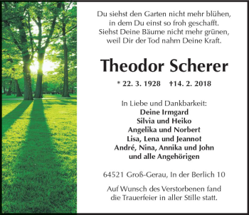 Traueranzeige von Theodor Scherer von Trauerportal Rhein Main Presse