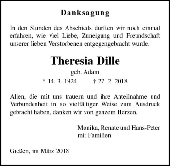 Traueranzeige von Theresia Dille von  Gießener Anzeiger