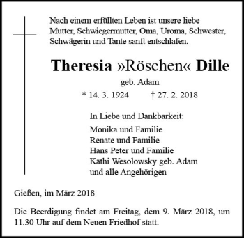 Traueranzeige von Theresia Dille von  Gießener Anzeiger