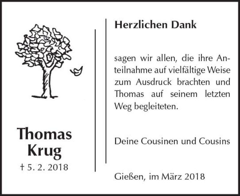  Traueranzeige für Thomas Krug vom 10.03.2018 aus  Gießener Anzeiger