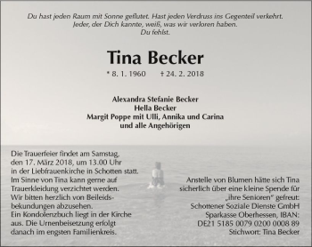 Traueranzeige von Tina Becker von  Kreisanzeiger